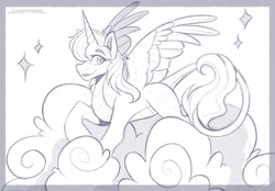 Size: 1440x1005 | Tagged: safe, artist:_candypone_, imported from derpibooru, oc, oc only, alicorn, dracony, dragon, hybrid, pony, cloud, smiling, spread wings, wings