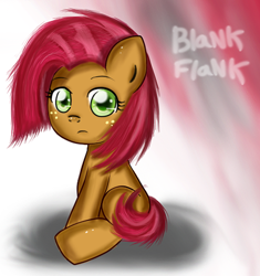 Size: 500x532 | Tagged: safe, artist:noah-nyan, imported from derpibooru, babs seed, earth pony, blank flank, covering, female, filly, foal, freckles, looking at you, simple background, sitting, solo, text, turned head