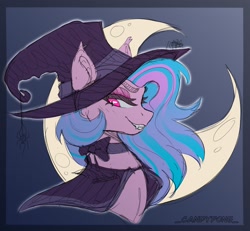 Size: 1580x1458 | Tagged: safe, artist:_candypone_, imported from derpibooru, oc, oc only, pony, cape, choker, clothes, crescent moon, fangs, grin, hat, looking at you, moon, sketch, smiling, solo, witch hat