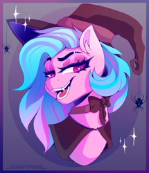 Size: 1536x1790 | Tagged: safe, artist:_candypone_, imported from derpibooru, oc, oc only, black widow, pony, spider, bust, cape, choker, clothes, crescent moon, fangs, grin, hat, looking at you, moon, sketch, smiling, solo, sparkles, witch hat