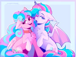Size: 2048x1536 | Tagged: safe, artist:_candypone_, imported from derpibooru, oc, oc only, oc:sweetie swirl, bat pony, pegasus, pony, chest fluff, choker, eyebrows, eyebrows visible through hair, floppy ears, lidded eyes, looking at you, open mouth, open smile, raised hoof, sitting, smiling, spread wings, tongue out, wings