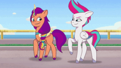 Size: 800x450 | Tagged: safe, imported from derpibooru, screencap, izzy moonbow, sunny starscout, zipp storm, alicorn, earth pony, pegasus, pony, unicorn, spoiler:g5, spoiler:my little pony: tell your tale, spoiler:tyts01e49, alpine aspen, animated, artificial horn, artificial wings, augmented, background pony, dahlia, excited, female, flying, g5, gif, glowing, glowing horn, glowing wings, horn, male, mare, maretime bay, mission imponable, misty brightdawn, my little pony: tell your tale, plum library, race, race swap, smiling, spinning, stallion, sunnycorn, surprised, wings