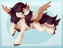 Size: 2048x1536 | Tagged: safe, artist:_candypone_, imported from derpibooru, pegasus, pony, chest fluff, coat markings, dappled, eye clipping through hair, flying, freckles, lidded eyes, looking at you, solo, spread wings, unshorn fetlocks, wings