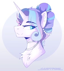 Size: 1800x2000 | Tagged: safe, artist:_candypone_, imported from derpibooru, oc, oc only, pony, unicorn, bust, chest fluff, eyebrows, eyebrows visible through hair, hair over one eye, jewelry, lidded eyes, looking at you, necklace