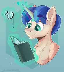 Size: 1536x1737 | Tagged: safe, artist:_candypone_, imported from derpibooru, oc, oc only, pony, unicorn, book, eyebrows, eyebrows visible through hair, glasses, levitation, magic, smiling, solo, telekinesis
