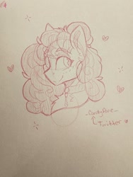 Size: 1536x2048 | Tagged: safe, artist:_candypone_, imported from derpibooru, pony, blushing, bust, chest fluff, choker, eyebrows, eyebrows visible through hair, heart, sketch, smiling, solo, sparkles, traditional art