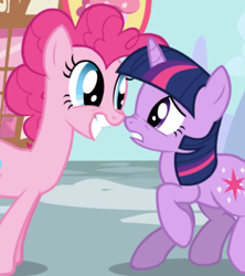 Size: 1078x1212 | Tagged: safe, imported from derpibooru, screencap, pinkie pie, twilight sparkle, earth pony, pony, unicorn, season 1, the ticket master, cropped, duo, duo female, eye contact, female, grin, looking at each other, looking at someone, looking at you, mare, nose to nose, nose wrinkle, raised hoof, smiling, unicorn twilight, worried