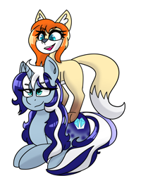 Size: 4000x5000 | Tagged: safe, artist:drdooggle, imported from derpibooru, oc, oc:icestorm, alicorn, fox, pony, alicorn oc, blue coat, blue eyes, duo, happy, horn, multicolored mane, multicolored tail, red hair, sitting, smiling, tail, wings