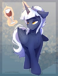 Size: 1181x1536 | Tagged: safe, artist:_candypone_, imported from derpibooru, oc, oc only, alicorn, pony, chest fluff, floppy ears, frown, glass, levitation, lidded eyes, magic, solo, telekinesis, wine glass