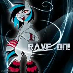 Size: 2500x2500 | Tagged: safe, artist:zeffdakilla, imported from derpibooru, oc, oc only, oc:notechaser, earth pony, semi-anthro, abstract background, bipedal, emo, looking sideways, raised hoof, rave, raver, smiling, solo