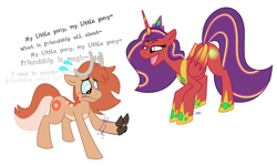 Size: 1882x1128 | Tagged: safe, artist:vanillayote, imported from derpibooru, oc, oc only, oc:princess hotcakes, oc:radiant hotcakes, alicorn, deer, deer pony, original species, pony, alicorn oc, duo, furry to pony, horn, jewelry, magic, male and female, ponified, regalia, simple background, singing, smug, speech bubble, transformation, white background, wings