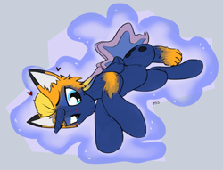 Size: 1538x1174 | Tagged: safe, artist:vanillayote, imported from derpibooru, princess luna, oc, alicorn, fox, pony, abstract background, blushing, floating heart, furry to pony, heart, lying down, magic, magic aura, on side, plushie, transformation