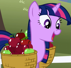 Size: 719x689 | Tagged: safe, imported from derpibooru, screencap, twilight sparkle, pony, unicorn, season 1, the ticket master, apple, apple basket, basket, cropped, cute, female, food, happy, mare, open mouth, open smile, smiling, twiabetes