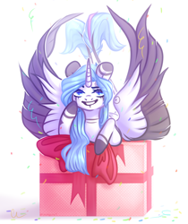 Size: 3198x3800 | Tagged: safe, artist:dreamyrat, imported from derpibooru, oc, oc only, alicorn, pony, alicorn oc, blue eyes, blue mane, bow, colored wings, commission, confetti, female, gif, horn, looking at you, mare, multiple tails, open mouth, open smile, pink tail, present, ribbon, simple background, smiling, tail, two tails, two toned tail, two toned wings, white background, wings