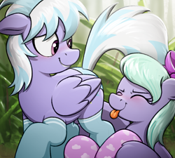 Size: 3334x3000 | Tagged: safe, artist:selenophile, imported from derpibooru, cloudchaser, flitter, pegasus, pony, art pack:sprinkler party, :p, blushing, clothes, cute, eyes closed, female, flitterbetes, high res, mare, socks, tongue out