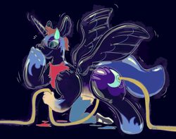 Size: 1878x1482 | Tagged: safe, artist:vanillayote, imported from derpibooru, nightmare moon, princess luna, oc, alicorn, human, inflatable pony, pony, pooltoy pony, black background, boop, clothes, commission, disappearing clothes, fetish, glasses, hose, human oc, human to pony, inanimate tf, inflatable, inflatable fetish, inflatable toy, inflation, latex, latex fetish, male to female, nightmare night, pool toy, rubber, self-boop, shiny, simple background, solo, spread wings, sweat, sweatdrop, torn clothes, transformation, transgender, valve, wings
