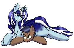 Size: 3936x2552 | Tagged: safe, artist:drdooggle, imported from derpibooru, oc, oc:distant echo, oc:icestorm, alicorn, pony, alicorn oc, blue coat, blue eyes, blue mane, brown coat, duo, glare, green eyes, horn, looking at each other, looking at someone, lying down, multicolored mane, multicolored tail, prone, sassy, simple background, sitting on person, sitting on pony, tail, transparent background, wings