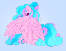 Size: 2117x1643 | Tagged: safe, artist:rand-dums, imported from derpibooru, oc, oc only, pegasus, pony, chest fluff, hair over one eye, lidded eyes, looking at you, sitting, solo, spread wings, underhoof, wings