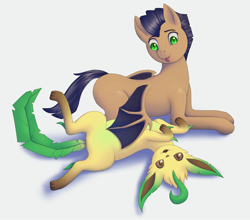 Size: 2521x2222 | Tagged: safe, artist:generalecchi, imported from derpibooru, oc, oc:distant echo, bat pony, leafeon, pony, bellyrubs, duo, looking at you, lying down, on back, pokémon, simple background, white background, wing hands, wings