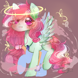 Size: 1000x999 | Tagged: safe, artist:magicangelstarartist, imported from derpibooru, oc, oc only, pegasus, pony, blushing, female, halo, jewelry, looking at you, mare, necklace, simple background, solo, spread wings, starry eyes, wingding eyes, wings