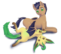 Size: 2521x2222 | Tagged: safe, alternate version, artist:generalecchi, imported from derpibooru, oc, oc:distant echo, bat pony, leafeon, pony, bellyrubs, duo, looking at you, lying down, on back, pokémon, simple background, transparent background, wing hands, wings