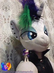 Size: 2304x3072 | Tagged: safe, artist:1stastrastudio, imported from derpibooru, rarity, unicorn, alternate hairstyle, bipedal, clothes, commission, ear piercing, earring, female, horn, irl, jewelry, mare, photo, piercing, plushie, punk, raripunk, solo, vest