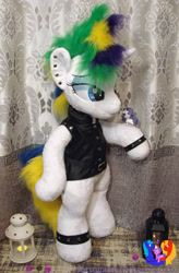 Size: 2011x3072 | Tagged: safe, artist:1stastrastudio, imported from derpibooru, rarity, unicorn, alternate hairstyle, bipedal, clothes, commission, ear piercing, earring, female, horn, irl, jewelry, mare, photo, piercing, plushie, punk, raripunk, solo, vest