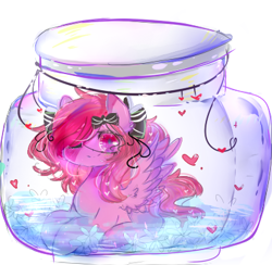 Size: 397x387 | Tagged: safe, artist:magicangelstarartist, imported from derpibooru, oc, oc only, pegasus, pony, female, heart, looking at you, mare, one eye closed, pony in a bottle, simple background, solo, spread wings, wings, wink