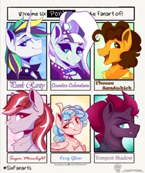 Size: 1716x2040 | Tagged: safe, artist:_candypone_, imported from derpibooru, cheese sandwich, coloratura, cozy glow, rarity, sugar moonlight, tempest shadow, earth pony, pegasus, pony, unicorn, six fanarts, alternate hairstyle, broken horn, eyebrows, eyebrows visible through hair, g5, horn, lidded eyes, looking at you, open mouth, open smile, punk, raripunk, smiling, unamused