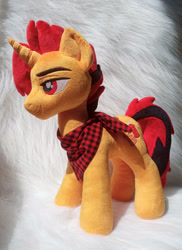 Size: 2526x3478 | Tagged: safe, artist:doctorkoda, imported from derpibooru, oc, oc only, pony, unicorn, clothes, commission, horn, irl, male, photo, plushie, scarf, smiling, stallion, standing