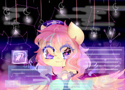 Size: 1024x732 | Tagged: safe, artist:magicangelstarartist, imported from derpibooru, oc, oc only, pegasus, pony, computer, constellation, female, holding, looking forward, mare, solo, spread wings, starry eyes, technology, wingding eyes, wings