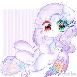 Size: 1024x1024 | Tagged: safe, artist:magicangelstarartist, imported from derpibooru, oc, oc only, oc:memorie snowy, pegasus, pony, colored wings, female, heterochromia, looking at you, mare, multicolored wings, reclining, simple background, sitting, solo, starry eyes, wingding eyes, wings