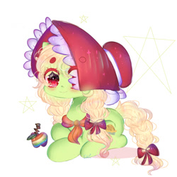 Size: 1024x1024 | Tagged: safe, artist:magicangelstarartist, imported from derpibooru, granny smith, earth pony, pony, apple, bonnet, clothes, female, food, mare, ribbon, scarf, simple background, smiling, solo, young granny smith, younger, zap apple