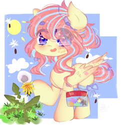 Size: 1024x1024 | Tagged: safe, artist:magicangelstarartist, imported from derpibooru, oc, oc only, pegasus, pony, bag, female, flower, handbag, mare, multicolored hair, multicolored mane, plant, ribbon, simple background, smiling, solo, starry eyes, wingding eyes