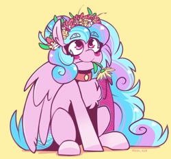 Size: 1640x1521 | Tagged: safe, artist:lrusu, imported from derpibooru, oc, oc only, pegasus, pony, blushing, chest fluff, eyebrows, eyebrows visible through hair, floral head wreath, flower, mouth hold, not izzy moonbow, sitting, solo