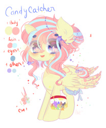 Size: 1024x1229 | Tagged: safe, artist:magicangelstarartist, imported from derpibooru, oc, oc only, oc:candy catcher, pegasus, pony, bag, female, hairclip, handbag, mare, reference, ribbon, simple background, smiling, solo, text
