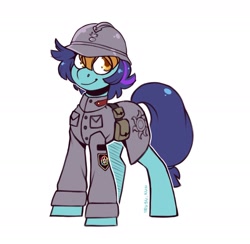 Size: 1682x1640 | Tagged: safe, artist:lrusu, imported from derpibooru, oc, oc only, earth pony, pony, equestria at war mod, clothes, eye clipping through hair, helmet, simple background, smiling, solo, uniform, white background