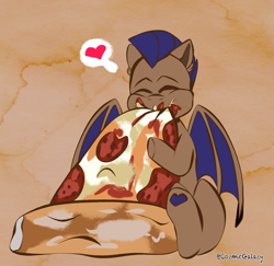 Size: 2469x2395 | Tagged: safe, artist:cosmiclitgalaxy, imported from derpibooru, oc, oc:distant echo, bat pony, pony, eating, food, heart, pizza, solo, thought bubble