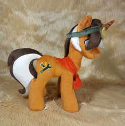 Size: 3120x3148 | Tagged: safe, artist:doctorkoda, imported from derpibooru, oc, oc only, pony, unicorn, clothes, commission, goggles, horn, irl, male, photo, plushie, scarf, smiling, solo, stallion, standing