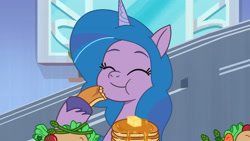 Size: 3072x1727 | Tagged: safe, imported from derpibooru, screencap, izzy moonbow, pony, unicorn, spoiler:g5, spoiler:my little pony: tell your tale, spoiler:tyts01e49, cute, eating, eyes closed, female, food, g5, herbivore, izzybetes, mare, mission imponable, my little pony: tell your tale, pancakes, salad, smiling, solo