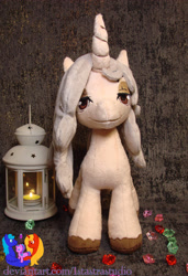 Size: 1983x2891 | Tagged: safe, artist:1stastrastudio, imported from derpibooru, oc, oc only, pony, unicorn, commission, curved horn, horn, irl, photo, plushie, scar, solo, unshorn fetlocks