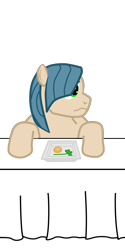 Size: 1500x3000 | Tagged: safe, artist:jimthecactus, imported from derpibooru, oc, oc only, earth pony, pony, food, frown, looking sideways, male, ponysona, simple background, solo, stallion, table, transparent background