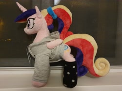 Size: 4032x3024 | Tagged: safe, artist:melodisde, imported from derpibooru, princess cadance, alicorn, pony, clothes, female, folded wings, hoodie, horn, irl, mare, photo, plushie, ponytail, socks, solo, standing, teen princess cadance, wings