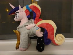 Size: 4032x3024 | Tagged: safe, artist:melodisde, imported from derpibooru, princess cadance, alicorn, pony, clothes, female, folded wings, hoodie, horn, irl, mare, photo, plushie, ponytail, socks, solo, standing, teen princess cadance, wings