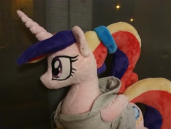 Size: 4032x3024 | Tagged: safe, artist:melodisde, imported from derpibooru, princess cadance, alicorn, pony, clothes, female, folded wings, hoodie, horn, irl, mare, photo, plushie, ponytail, solo, standing, teen princess cadance, wings