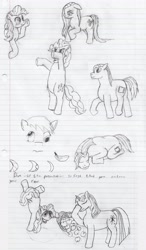 Size: 2466x4220 | Tagged: safe, artist:jimthecactus, imported from derpibooru, derpy hooves, fluttershy, pinkie pie, twilight sparkle, oc, earth pony, pegasus, pony, unicorn, apple, basket, bipedal, female, food, grayscale, handstand, lined paper, male, mare, monochrome, pencil drawing, ponysona, stallion, traditional art, unicorn twilight, upside down, wingless