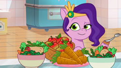 Size: 3072x1727 | Tagged: safe, imported from derpibooru, screencap, pipp petals, pegasus, pony, spoiler:g5, spoiler:my little pony: tell your tale, spoiler:tyts01e49, carrot, eyebrows, female, food, fork, g5, mare, mission imponable, my little pony: tell your tale, raised eyebrow, salad, smiling, solo
