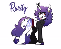 Size: 2028x1640 | Tagged: safe, artist:lrusu, imported from derpibooru, rarity, pony, unicorn, alternate design, belt, clothes, colored hooves, dock, ear piercing, ear tufts, earring, eye clipping through hair, eyebrows, eyebrows visible through hair, hoof polish, jewelry, leonine tail, long fetlocks, looking at you, name, necklace, open mouth, piercing, red eyes, redesign, sharp teeth, simple background, slit pupils, smiling, smirk, tail, teeth, text, tongue out, turtleneck, unshorn fetlocks, white background