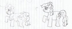 Size: 1000x410 | Tagged: safe, artist:jimthecactus, imported from derpibooru, pinkie pie, earth pony, pony, female, grayscale, mare, monochrome, pencil drawing, raised hoof, sketch, solo, traditional art