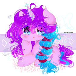 Size: 1024x1024 | Tagged: safe, artist:magicangelstarartist, imported from derpibooru, oc, pony, unicorn, braid, female, glowing, glowing horn, horn, looking at you, mare, multicolored hair, simple background, solo, starry eyes, wingding eyes